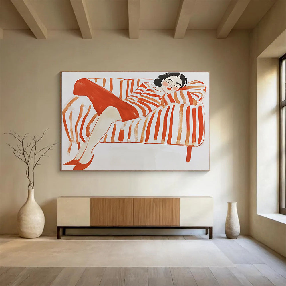 A large abstract painting in gouache featuring a woman lounging on a striped couch with simple lines in red and orange hues on a white background.SC496