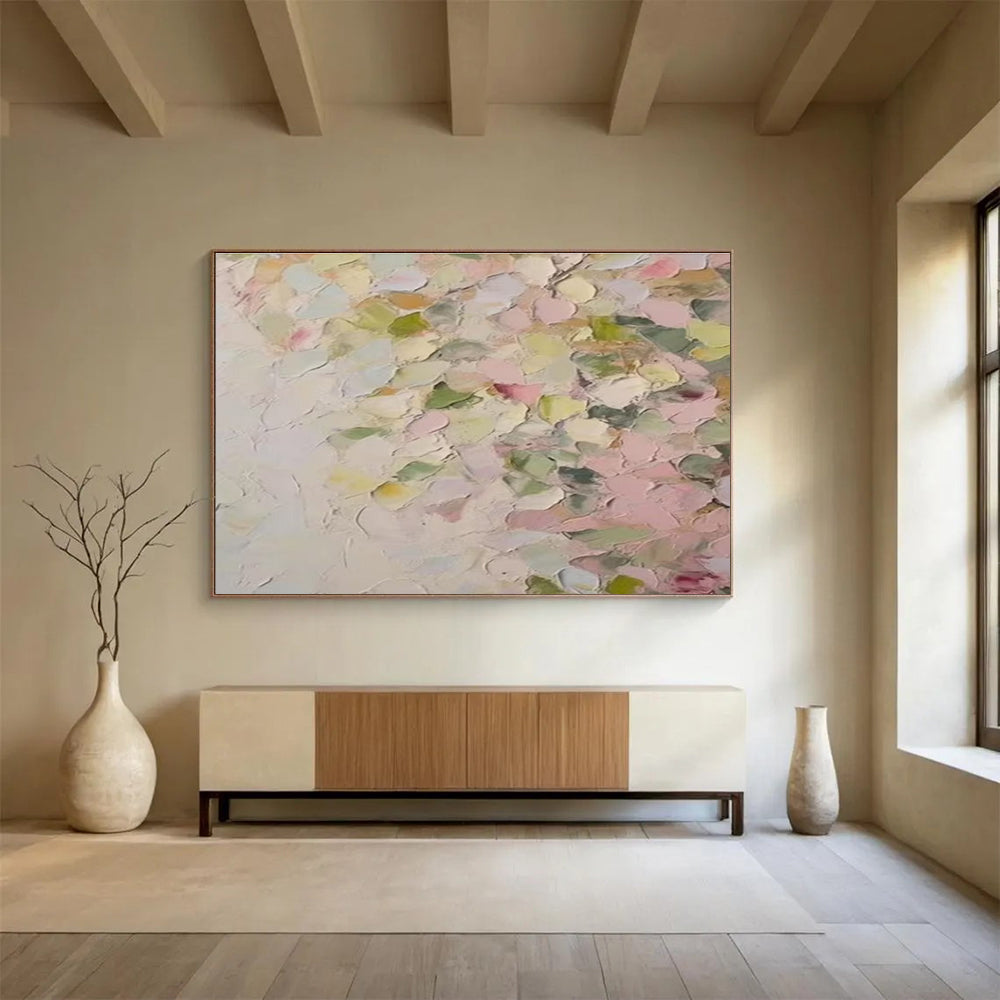 Pastel Petal Abstract Painting with Pink, Green, and Yellow Tones THY177