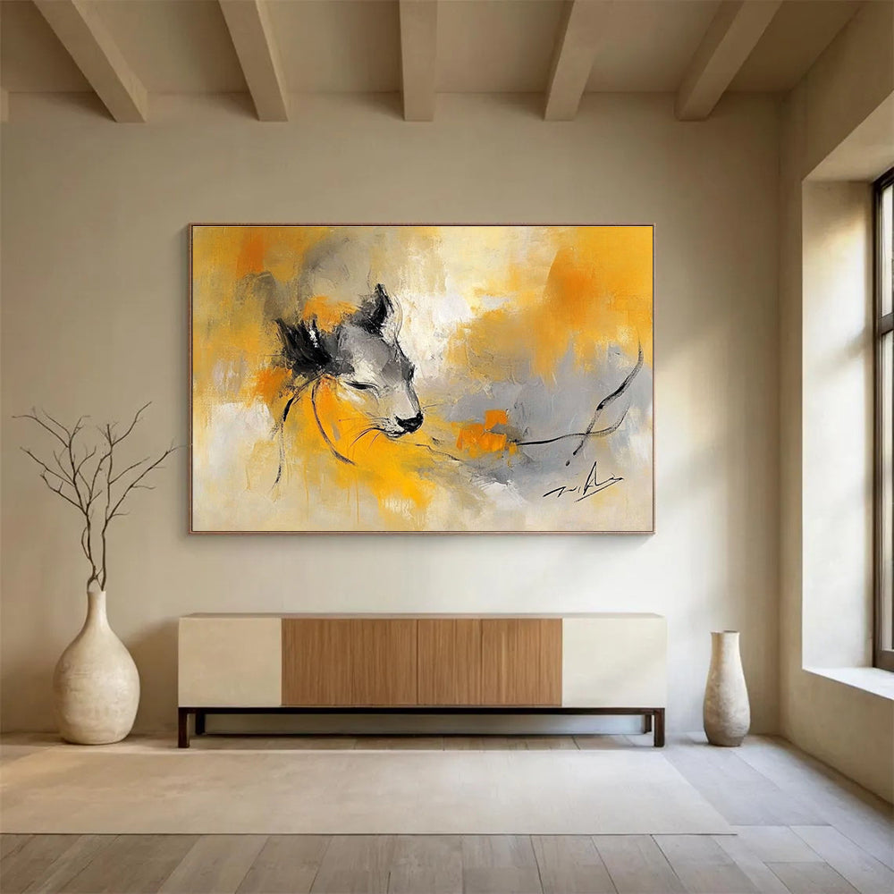 A large abstract painting featuring an animal in shades of yellow and gray, blending the styles of Zao Wou-Ki and Pablo Picasso.SC335