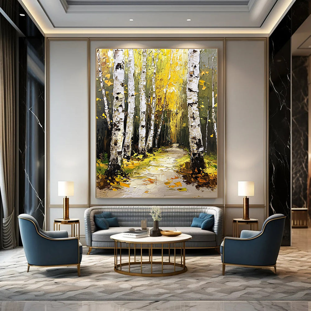 Abstract painting of a birch forest with green and yellow leaves thick white bark trees and a path illuminated by light.STSC1272