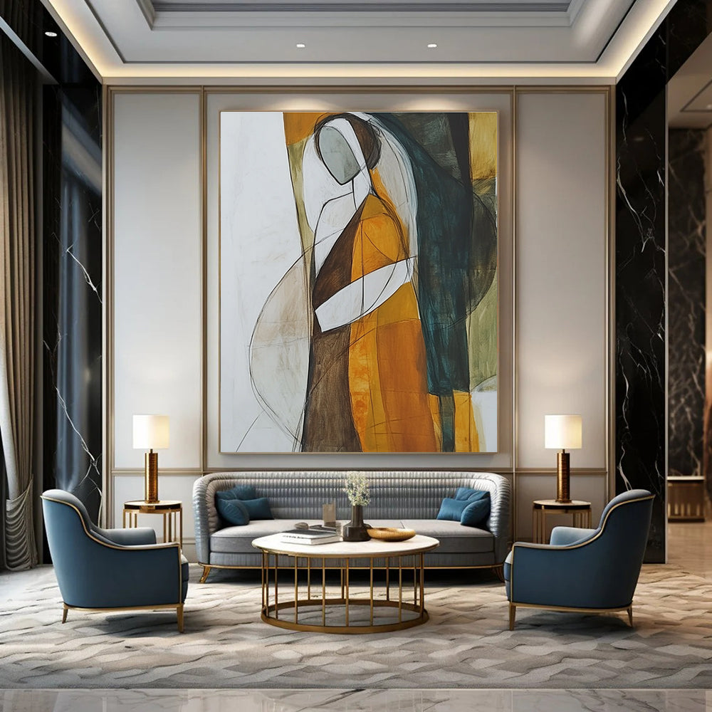Abstract painting featuring a woman in a brown and orange dress with a white veil showcasing minimalism and surrealism in muted tones and negative space.STSC298