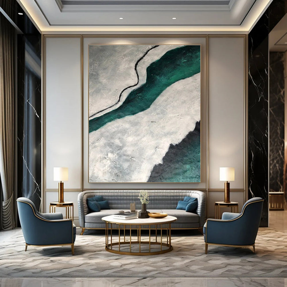 Teal and Gray Textured Abstract Painting with Flowing Forms ADGE403