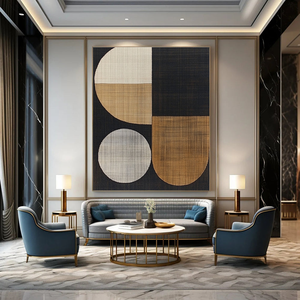 Large abstract artwork featuring abstract shapes, wood grain texture, and a sophisticated black color scheme for a modern aesthetic.STSC933
