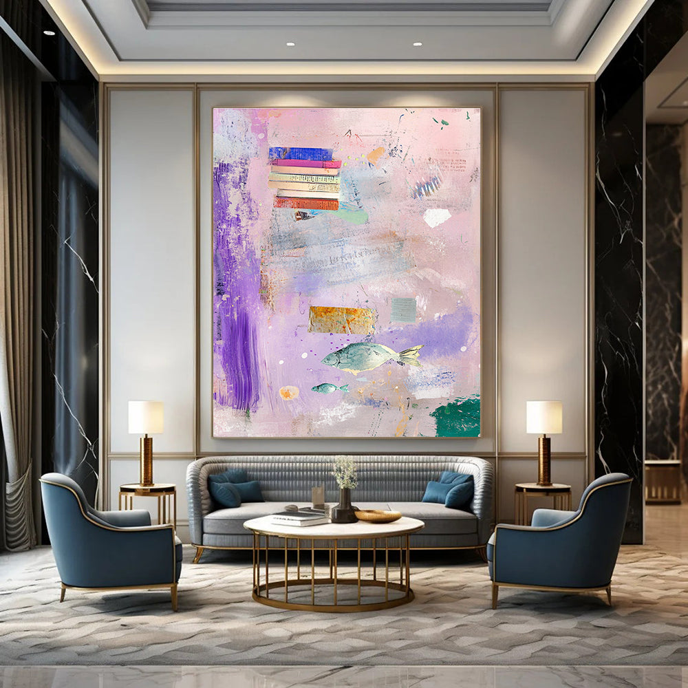 Abstract painting featuring a light pink background with pastel colors, books, feathers, and flying fish in hues of purple, blue, green, and yellow.STSC1041