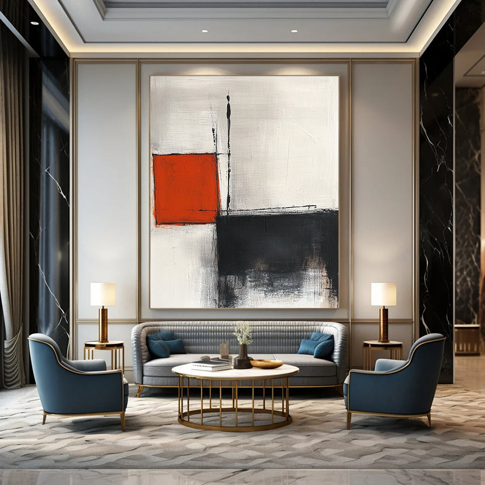 Large abstract painting featuring lines squares and soft edges in white grey black and red tones with minimalist elegance and high-resolution quality.STSC772