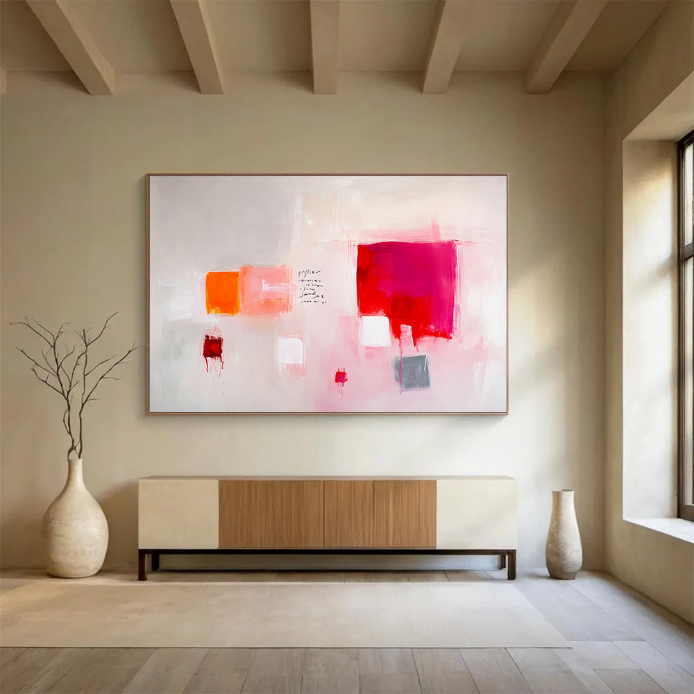 Large abstract painting featuring light pink and red tones with gray soft edges and minimalist brush strokes on a white background.SC242