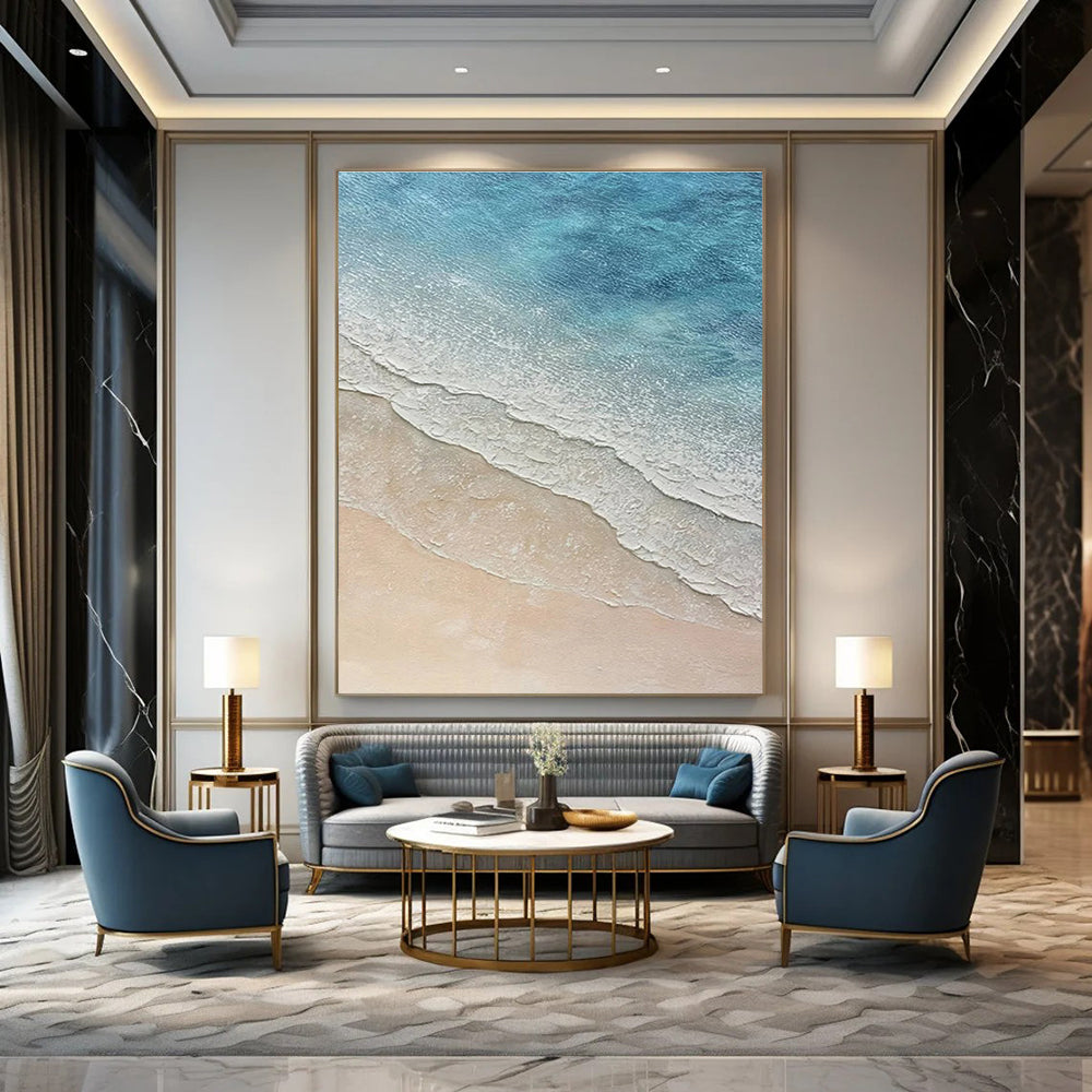 Blue and Beige Beach Wave Abstract Painting with Textured Layers ADGE314