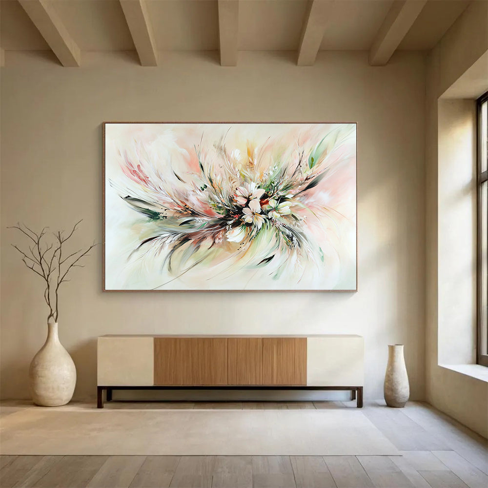 A large abstract painting featuring soft pastel floral arrangements with feathers and leaves, showcasing swirling patterns and expressive brushstrokes for depth and emotion.SC555
