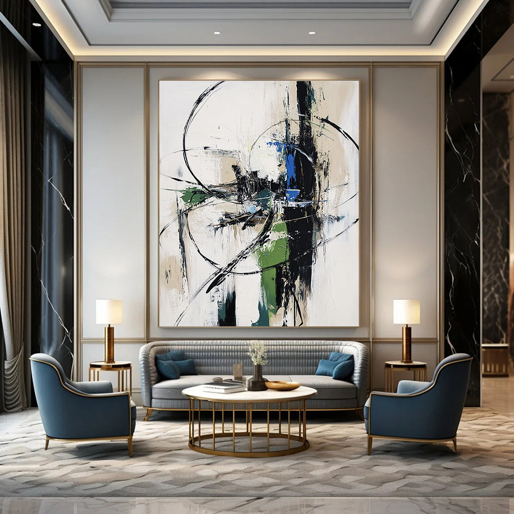 Large abstract painting in white gray and blue tones with a futuristic machine in an urban landscape conveying movement and speed.STSC827