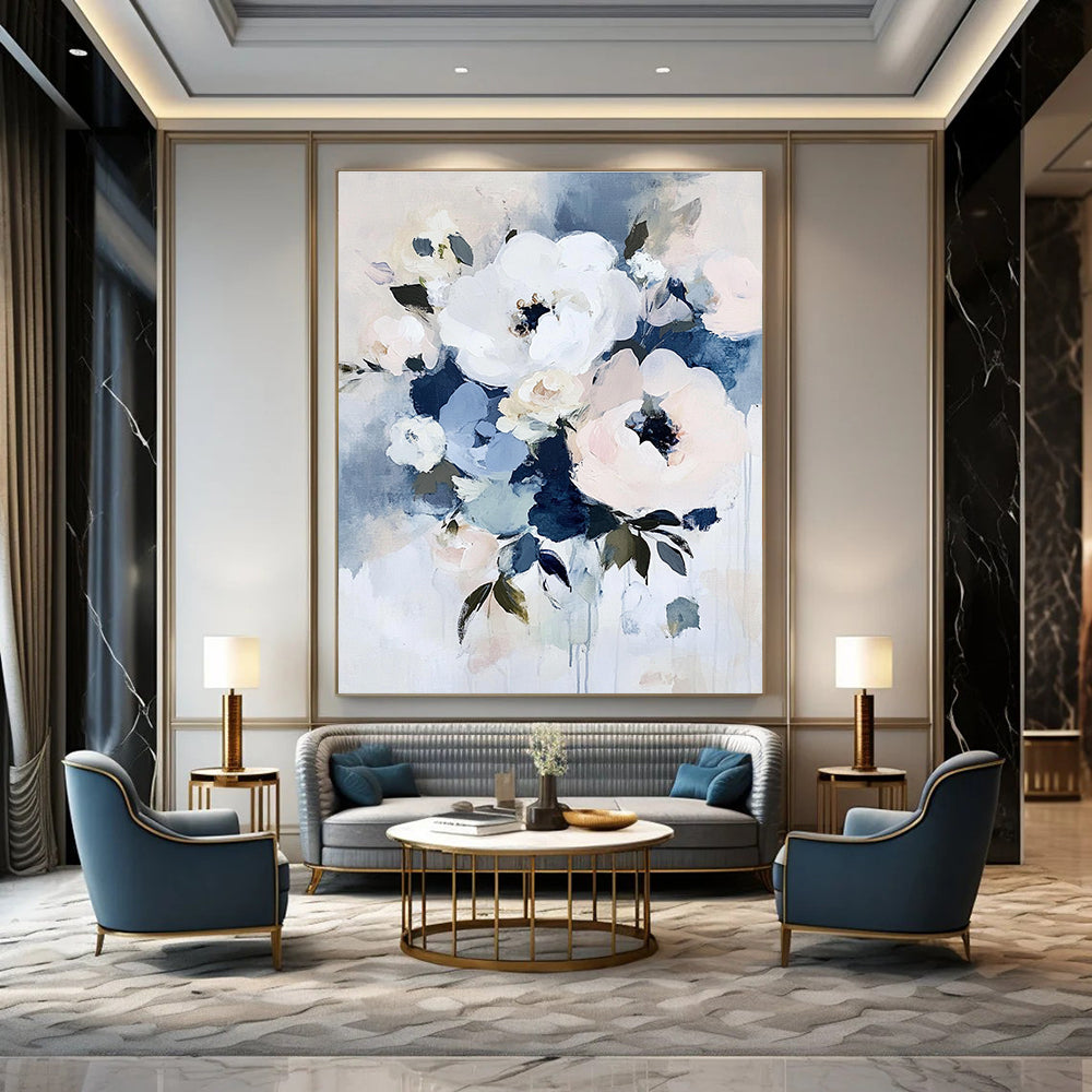 Large abstract floral painting in soft shades of white blue pink and green evokes tranquility and romance with an elegant bouquet composition.STSC054