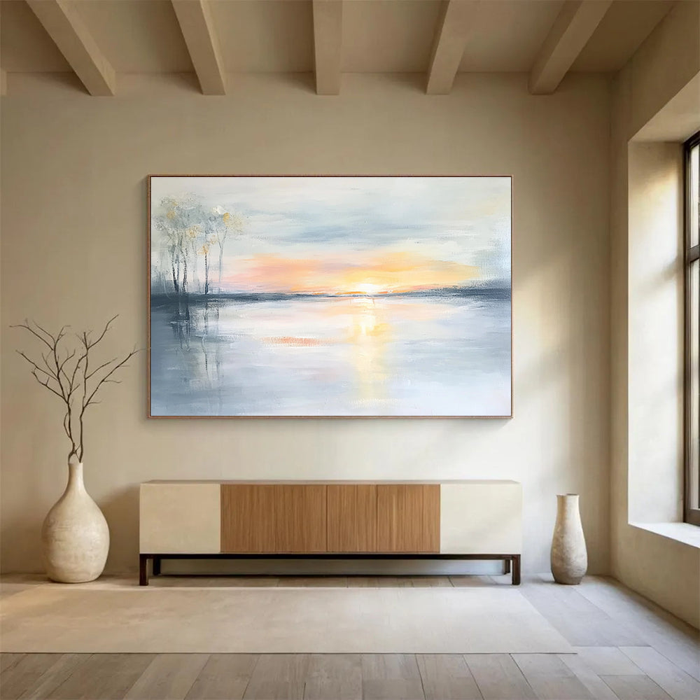 Soft Sunset Lake Abstract Painting with Pastel Hues and Reflections DYP242