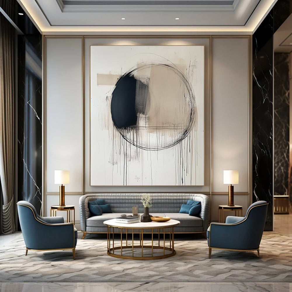 Large abstract painting featuring a central black circle with thin lines and ink drips in soft neutral tones on a white background.STSC253