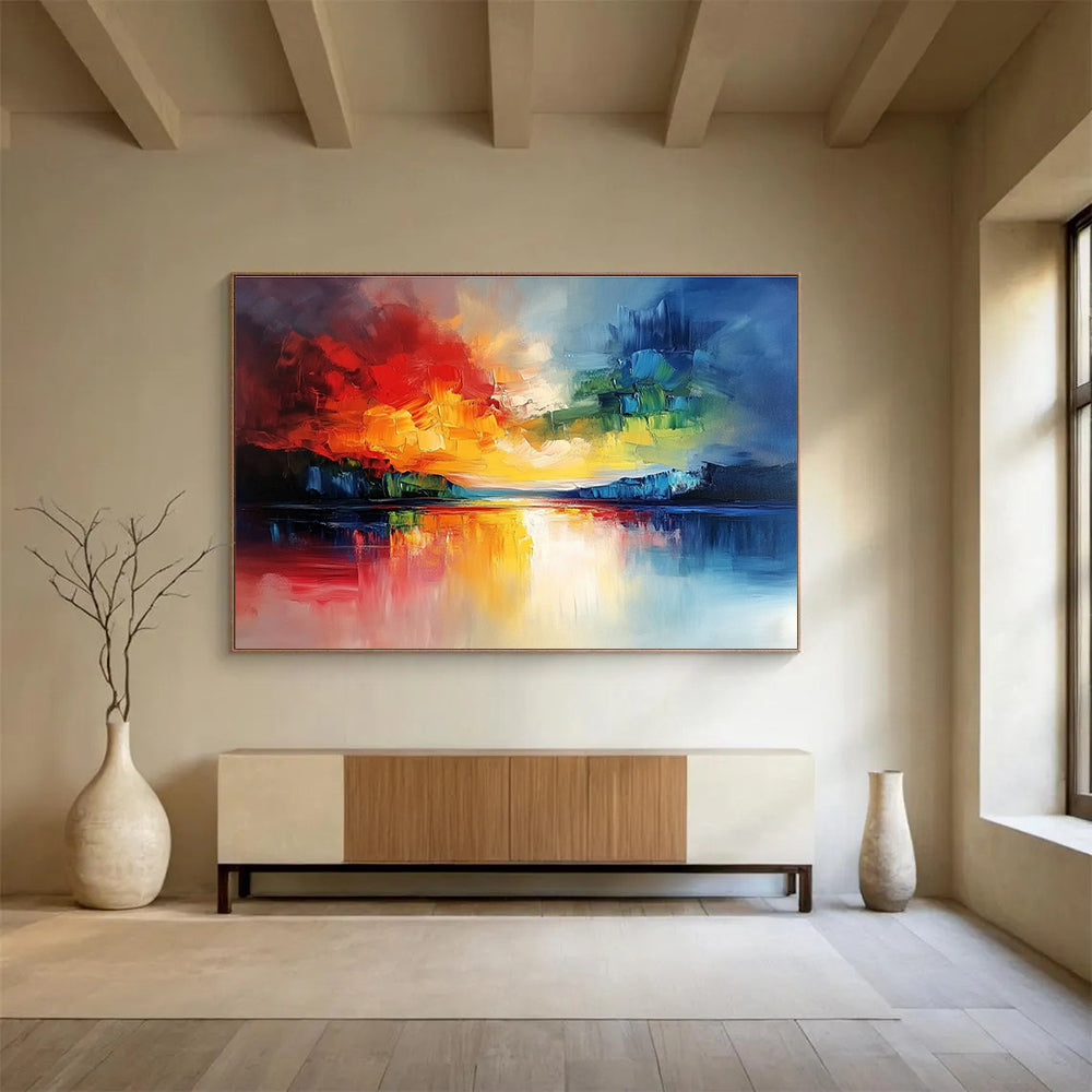 Large abstract landscape painting featuring a vibrant sky and reflective water with bold brushstrokes and rich textures.SC077