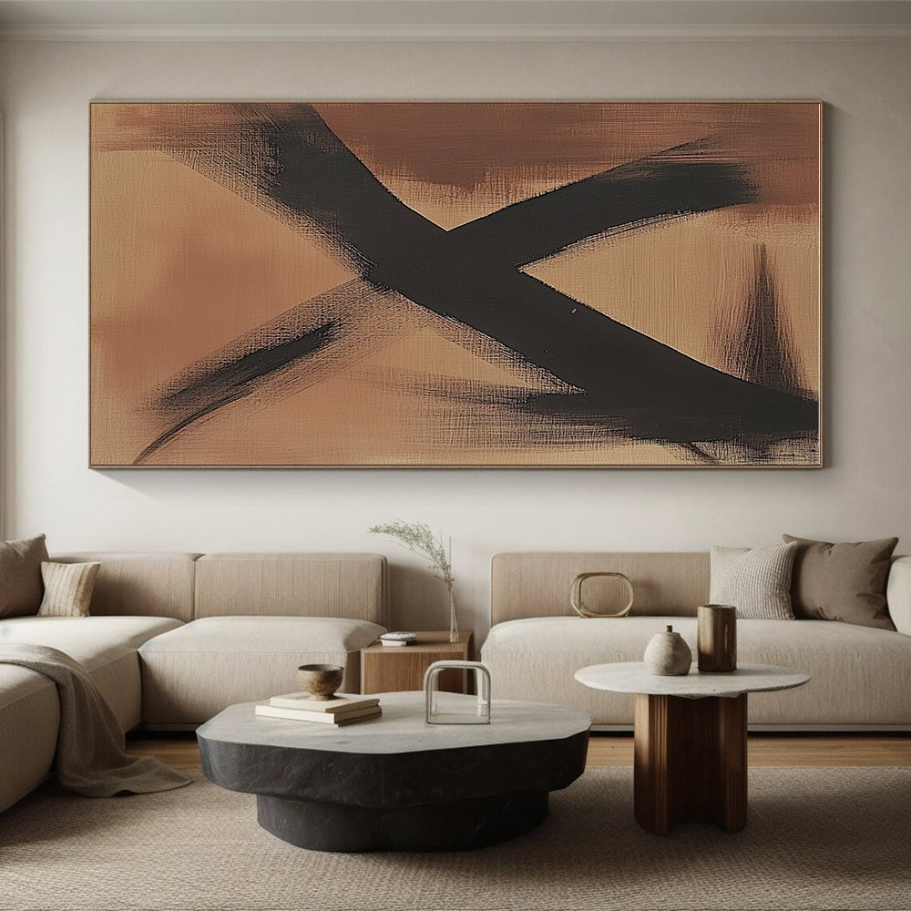 Brown and Black Abstract Painting with Minimalist Lines GER592