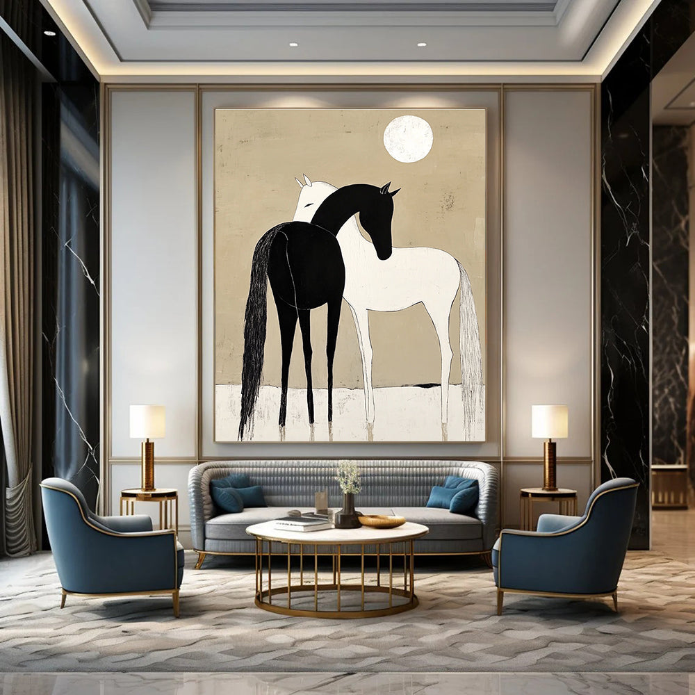 A large abstract painting depicting a black horse and white pony cuddling under a moonlit sky with simple shapes and a minimalistic beige background.STSC915