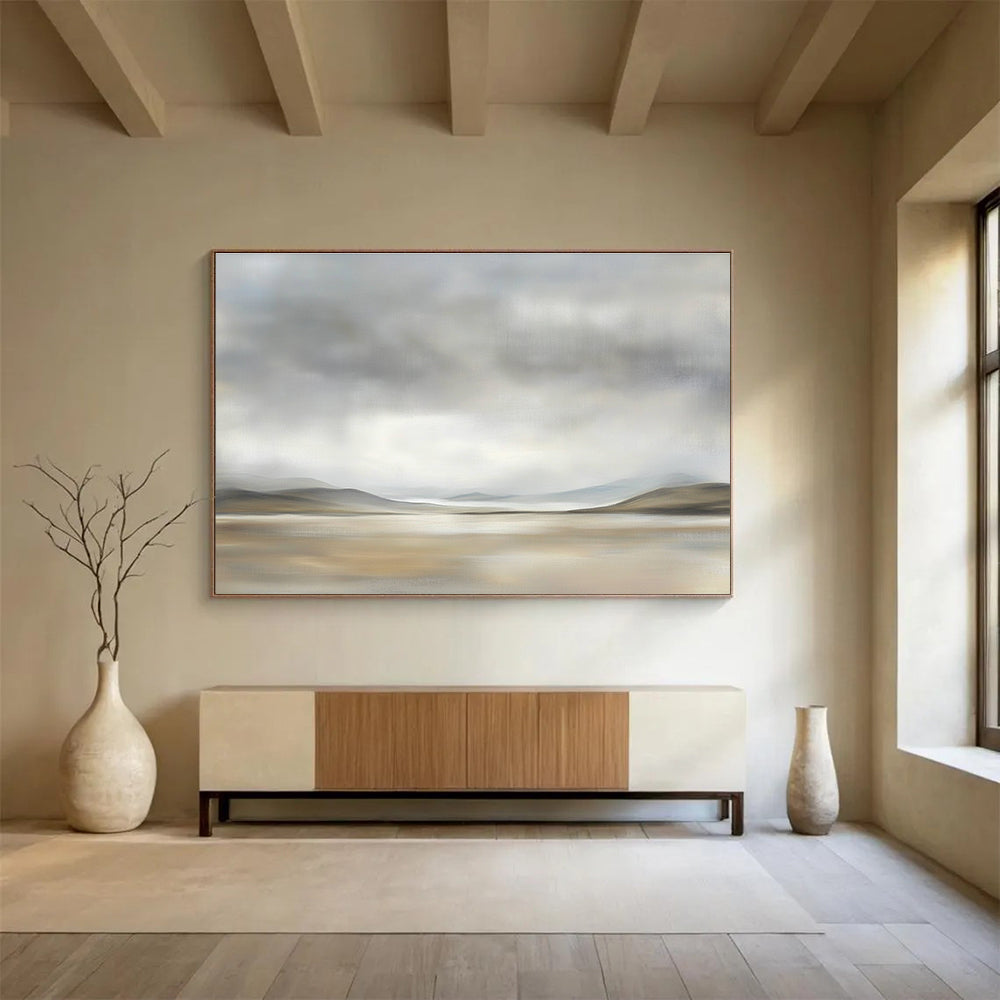 Large abstract painting depicting the Scottish Highlands with muted colors and soft brushstrokes, creating a serene and peaceful atmosphere.SC073