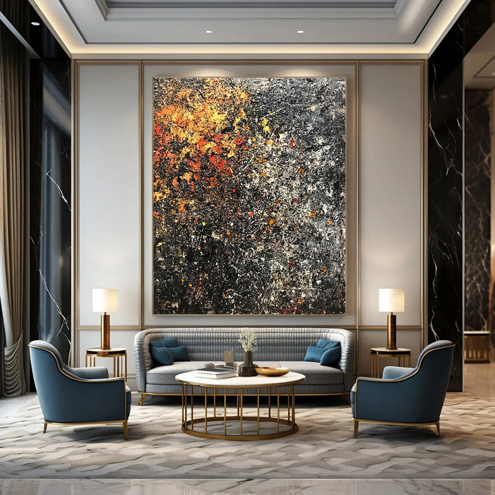 Abstract painting with dark colors and rusted metal featuring flowers and foliage on a textured background in vintage oil on canvas.STSC625