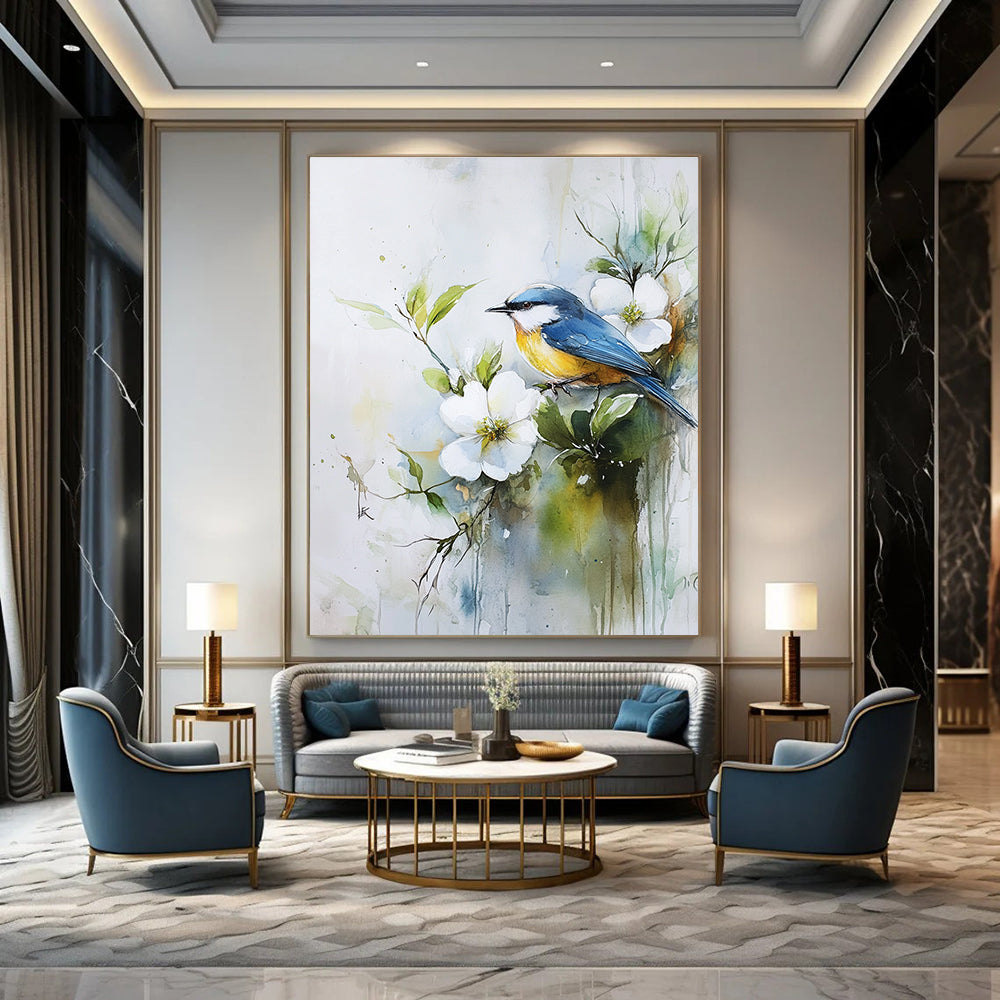 A large abstract painting featuring a blue and yellow bird on white flowers with soft green leaves and tranquil brushwork for serene beauty.STSC901