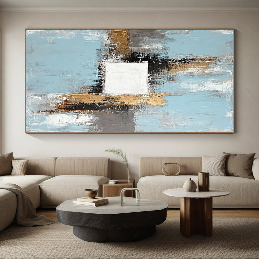 Light Blue Gold and Gray Abstract Painting with Geometric Forms GER555