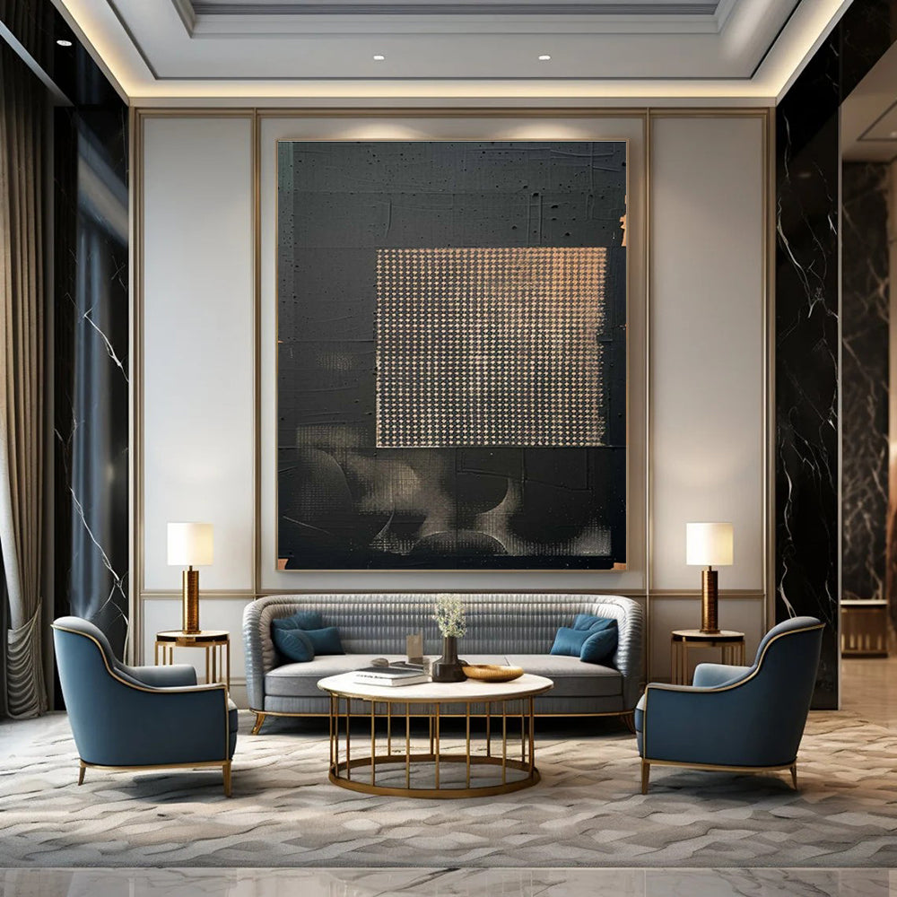 Black Abstract Painting with Grid Pattern and Beige Accents ADGE306
