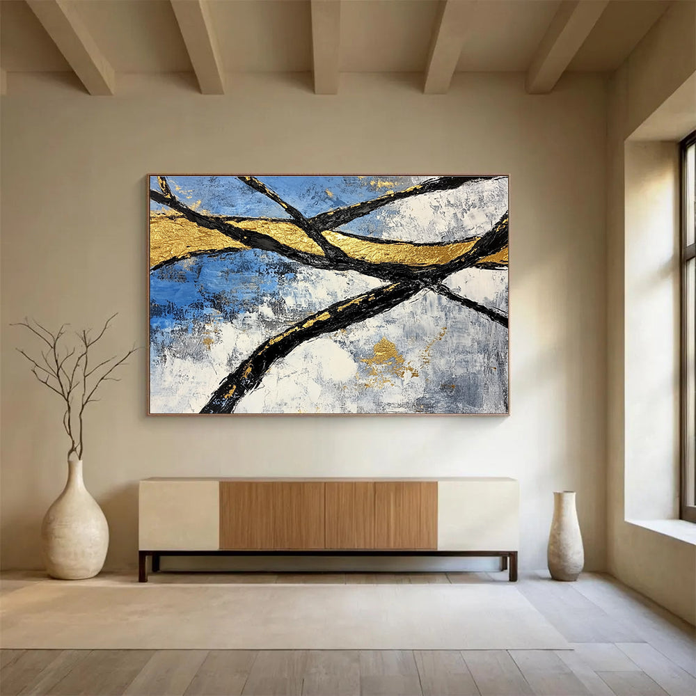Golden Branches Abstract Painting with Blue and Gold Tones DYP525