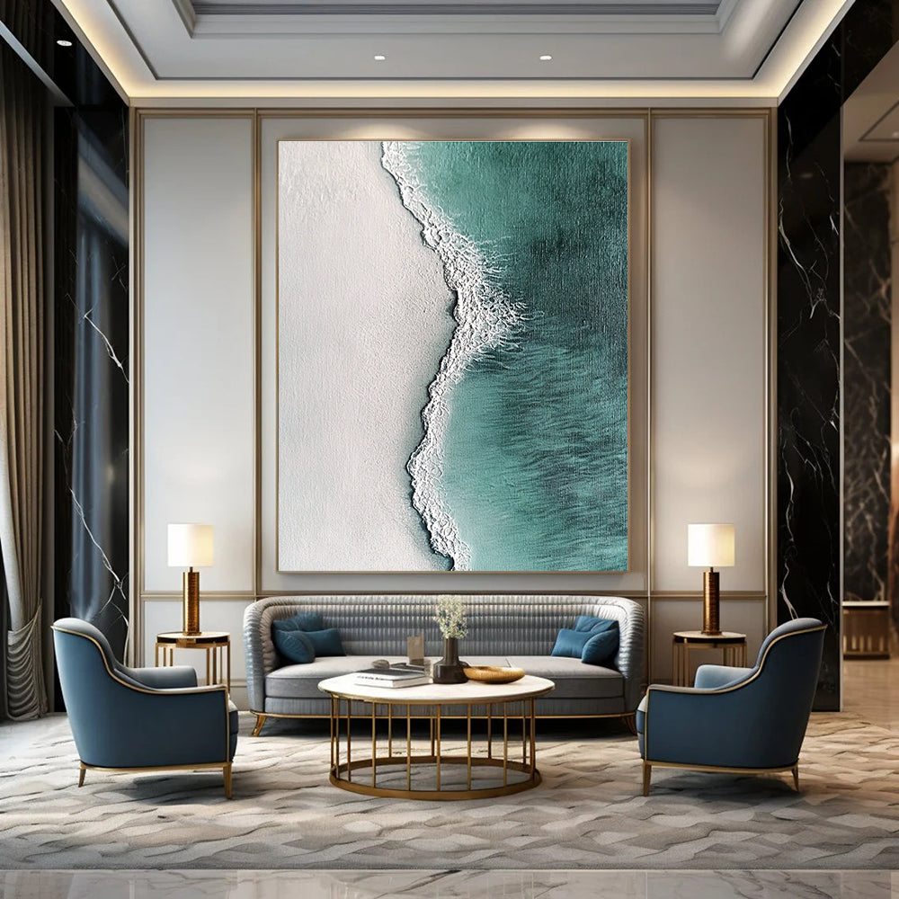 Large abstract painting featuring ocean waves and white sand in hyper-realistic textures with dark green light blue and light gray tones.STSC532