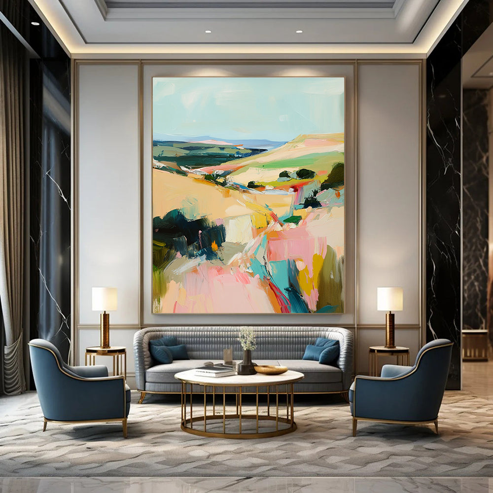 Abstract oil painting of an Irish landscape showcasing vibrant brush strokes in beige pink and teal colors creating a serene atmosphere.STSC150