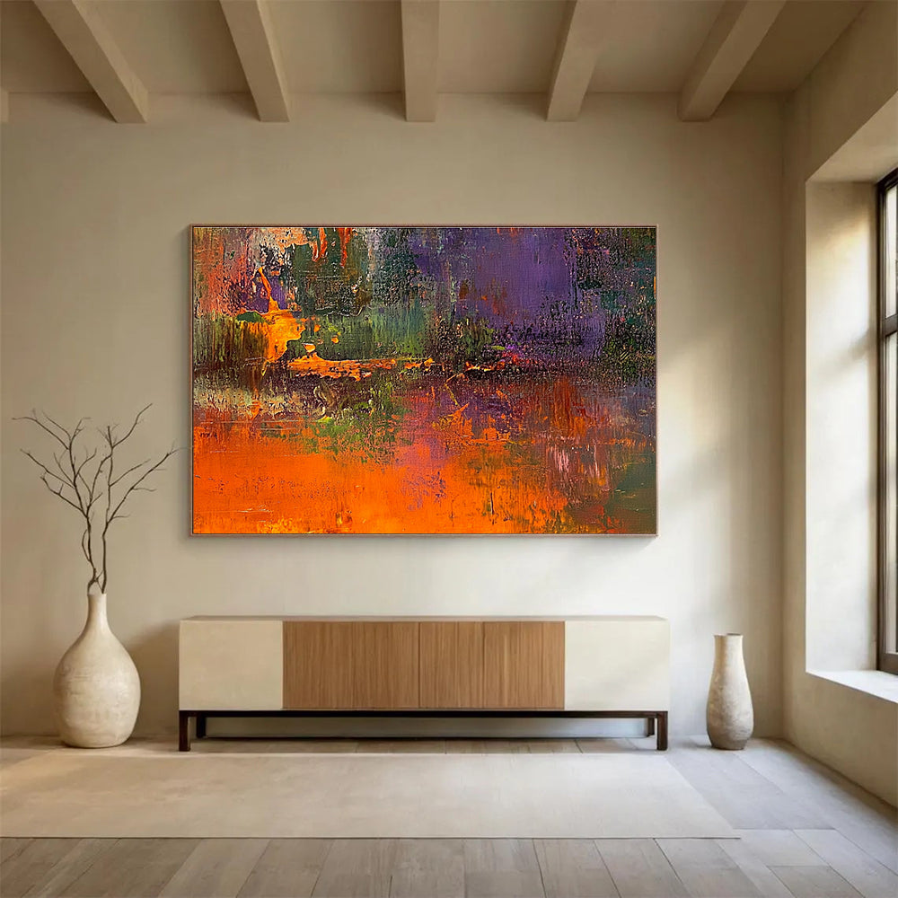 Large abstract painting of the great swamp featuring dark green and orange tones with rich textures and blurred background highlighting vibrant details.SC358