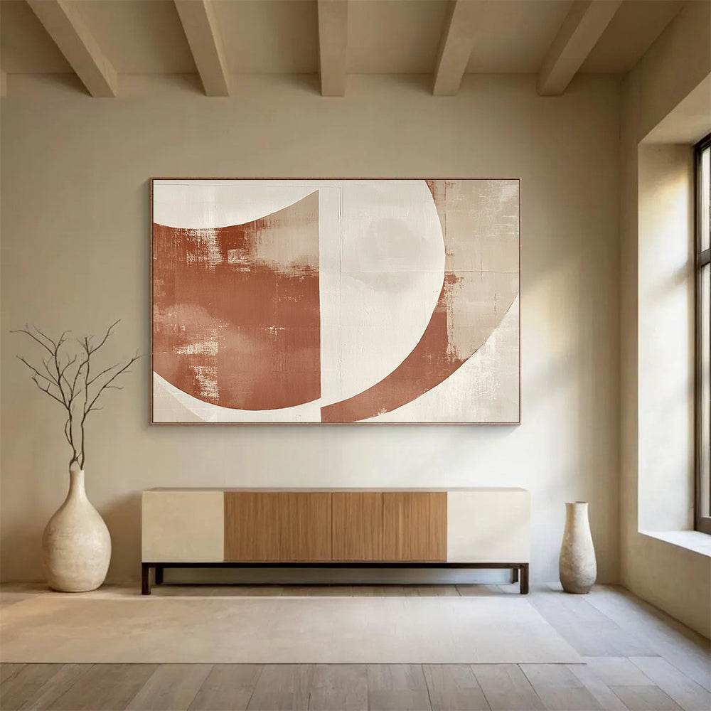 Large abstract painting with overlapping terracotta and cream half-circles on textured paper, modern simplicity with space for text.SC441