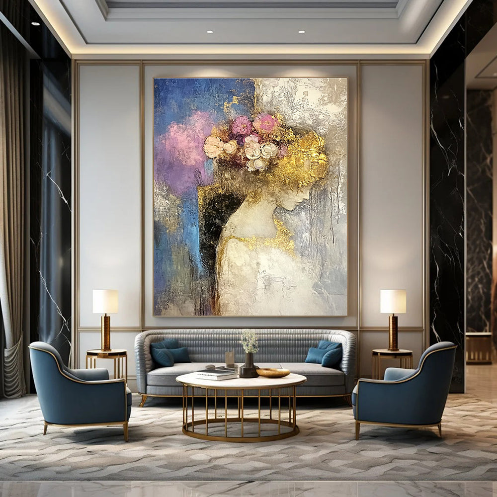 Large abstract oil painting featuring a moon with a golden circle in beige and gold tones with dripping gold leaf on a white background.STSC173