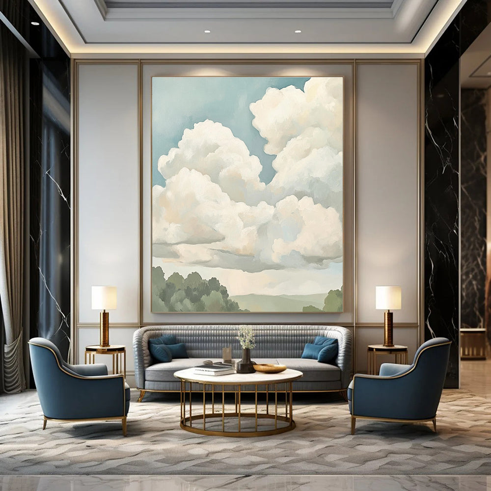 Large abstract painting featuring soft clouds in muted colors and neutral tones, creating a calming and serene atmosphere.STSC1395