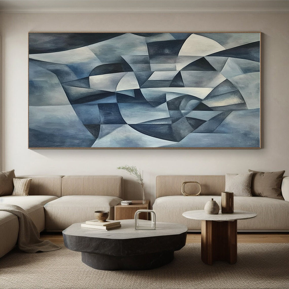 Blue Geometric Abstract Painting with Cubist Influences GER591