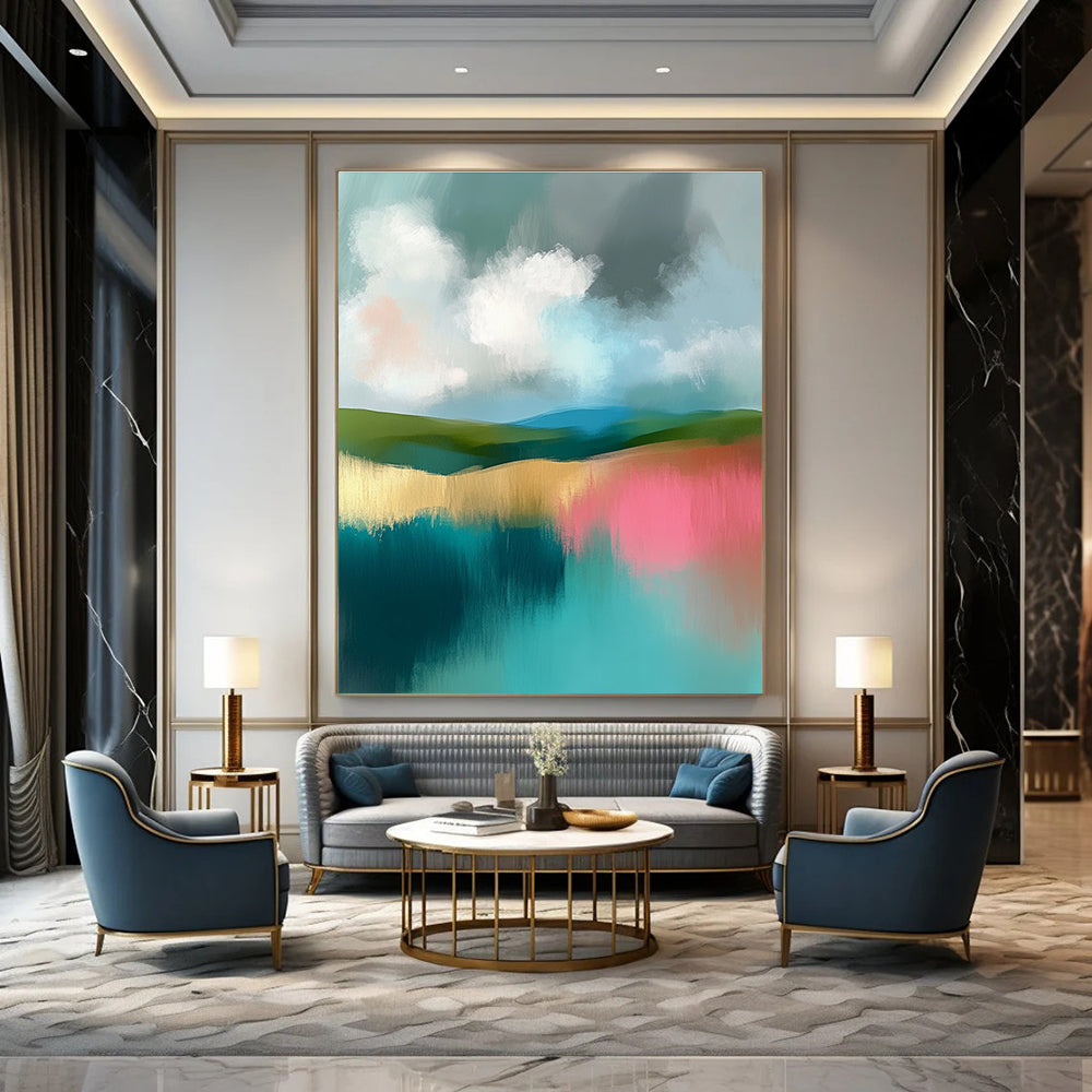 Large abstract painting featuring soft teal and pink hues with gentle clouds and muted greens in a serene landscape.STSC107