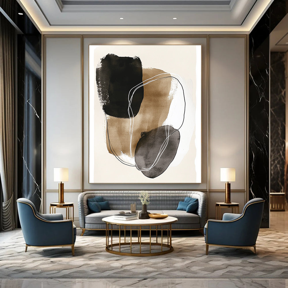 Large abstract art featuring minimal line art with dark gray and beige shapes outlined in white on a beige paper background.STSC1459
