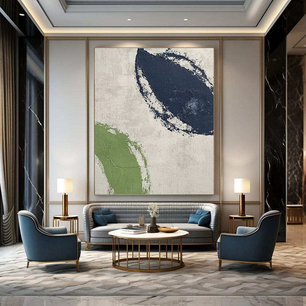 Large abstract painting featuring textured navy blue and green curves on a light gray background, embodying modern simplicity for contemporary interiors.STSC527