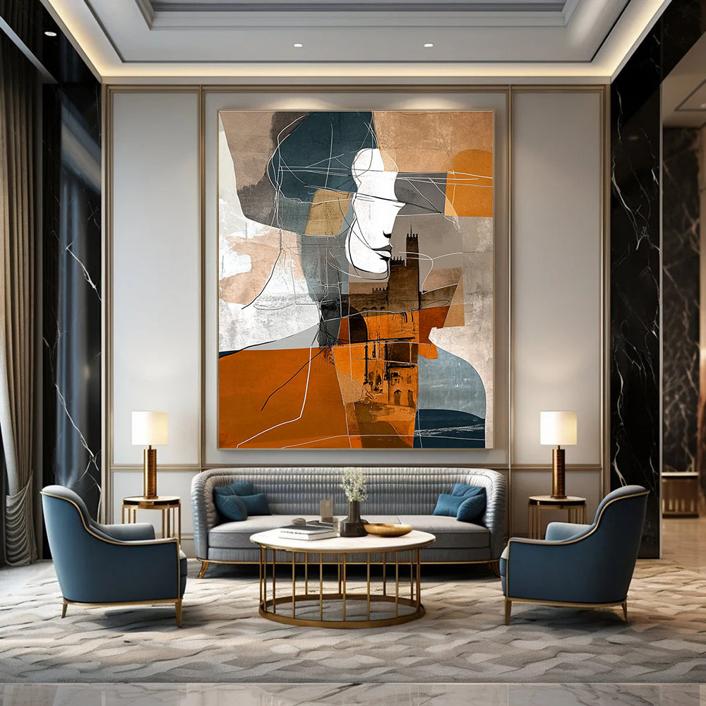 Large abstract painting featuring shapes in brown grey blue and orange with expressionist woman geometric figure and shadowed castle in Parisian urban life.STSC540