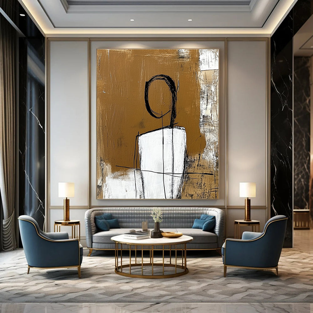 Large abstract painting with a white figure outlined in thick black lines set against an amber brown textured background.STSC050