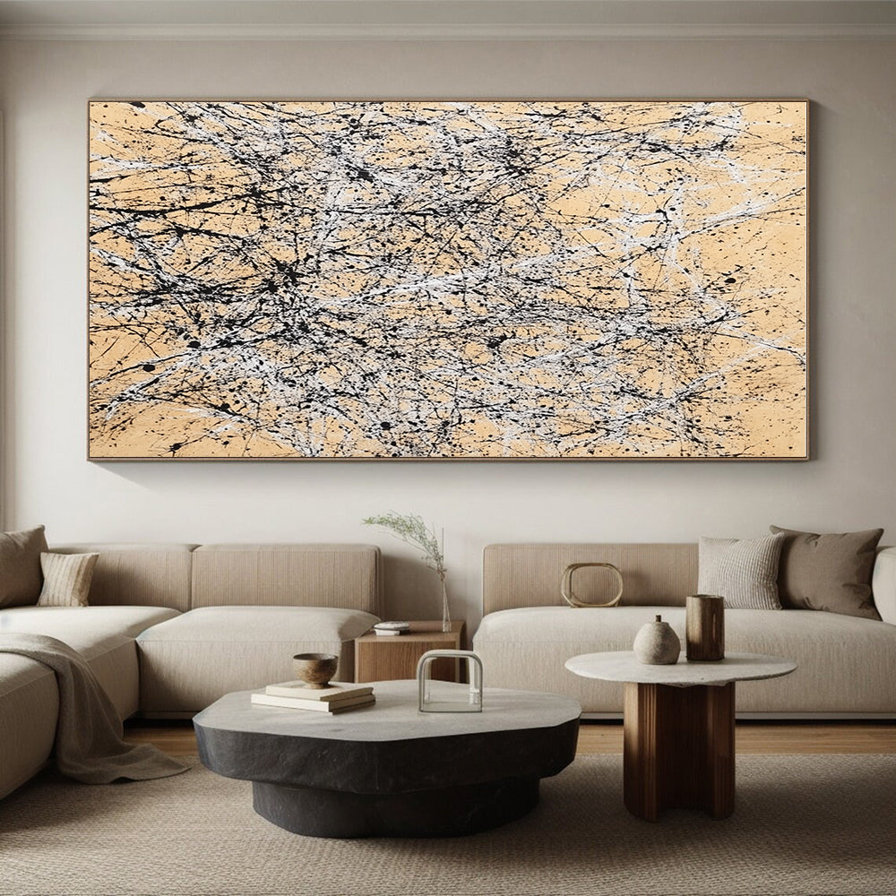 Black and White Splattered Abstract Painting on Beige Background GER002