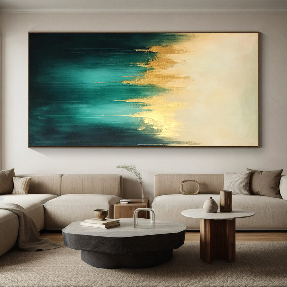 Teal and Gold Abstract Painting with Dripping Textures GER551