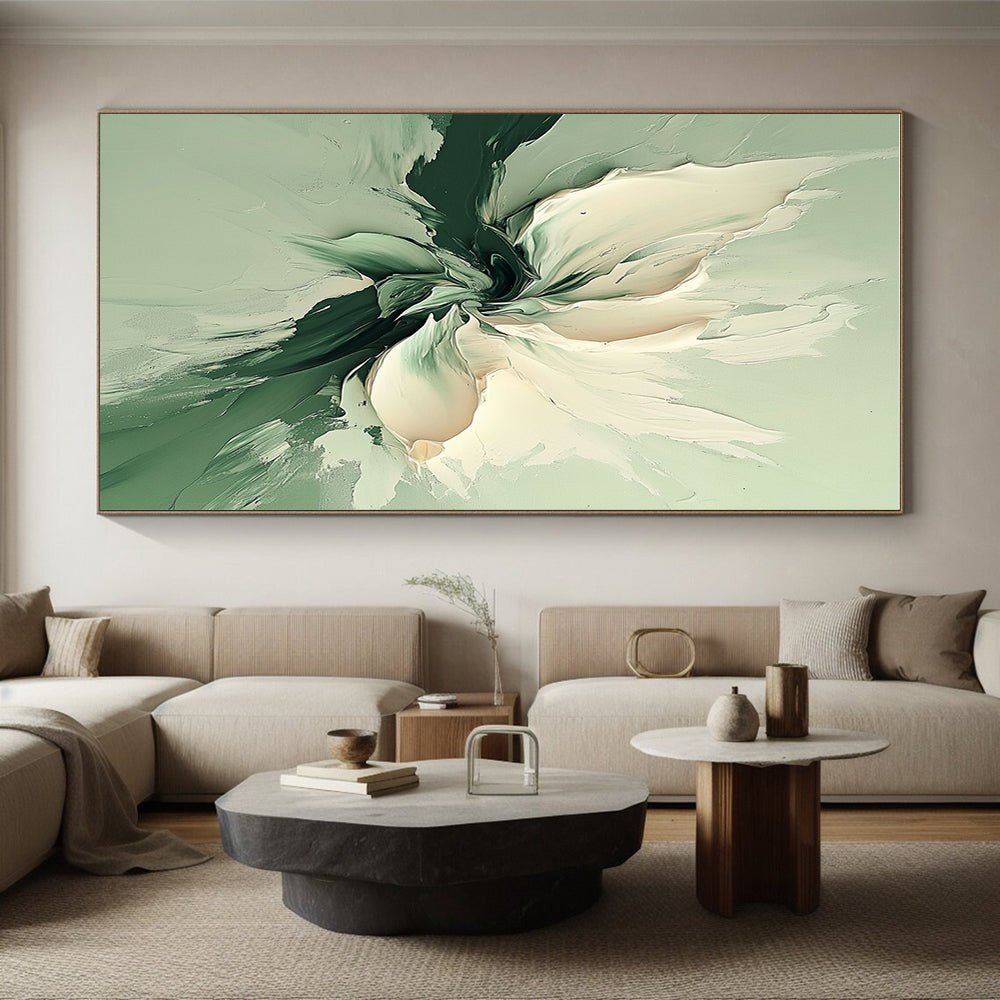 Green and White Abstract Painting with Textured Flower GER569