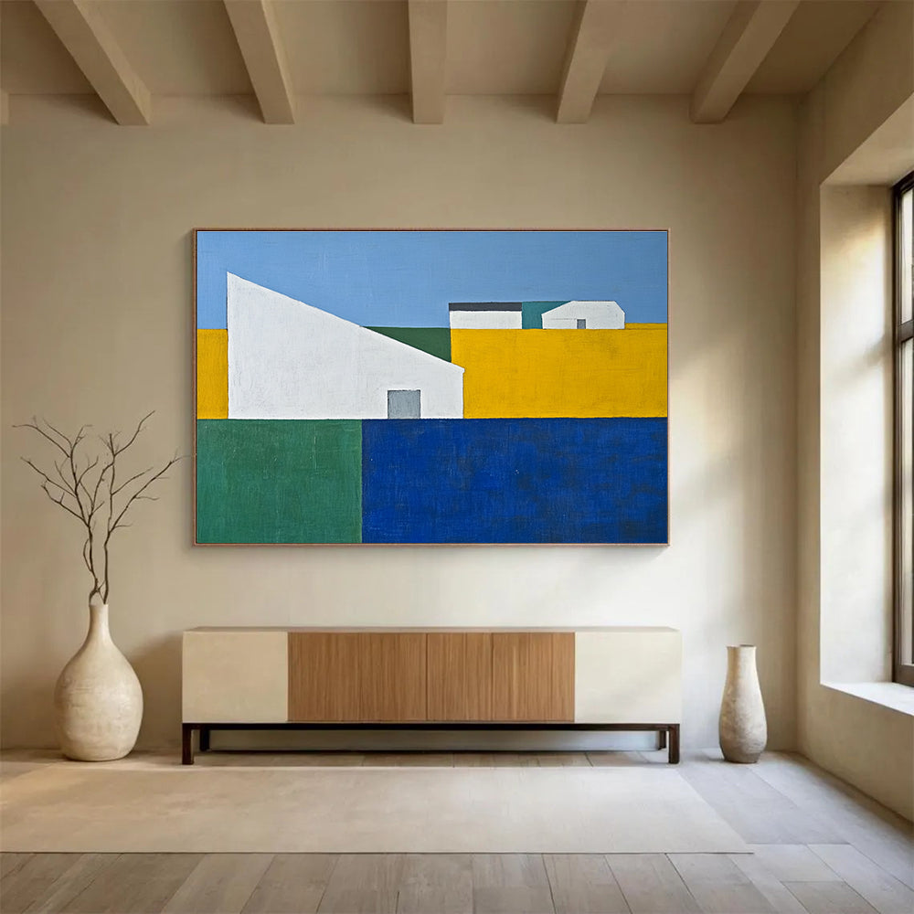 An abstract painting featuring a blue sky yellow grass green trees and a white house amidst geometric forms in minimalist style.SC511