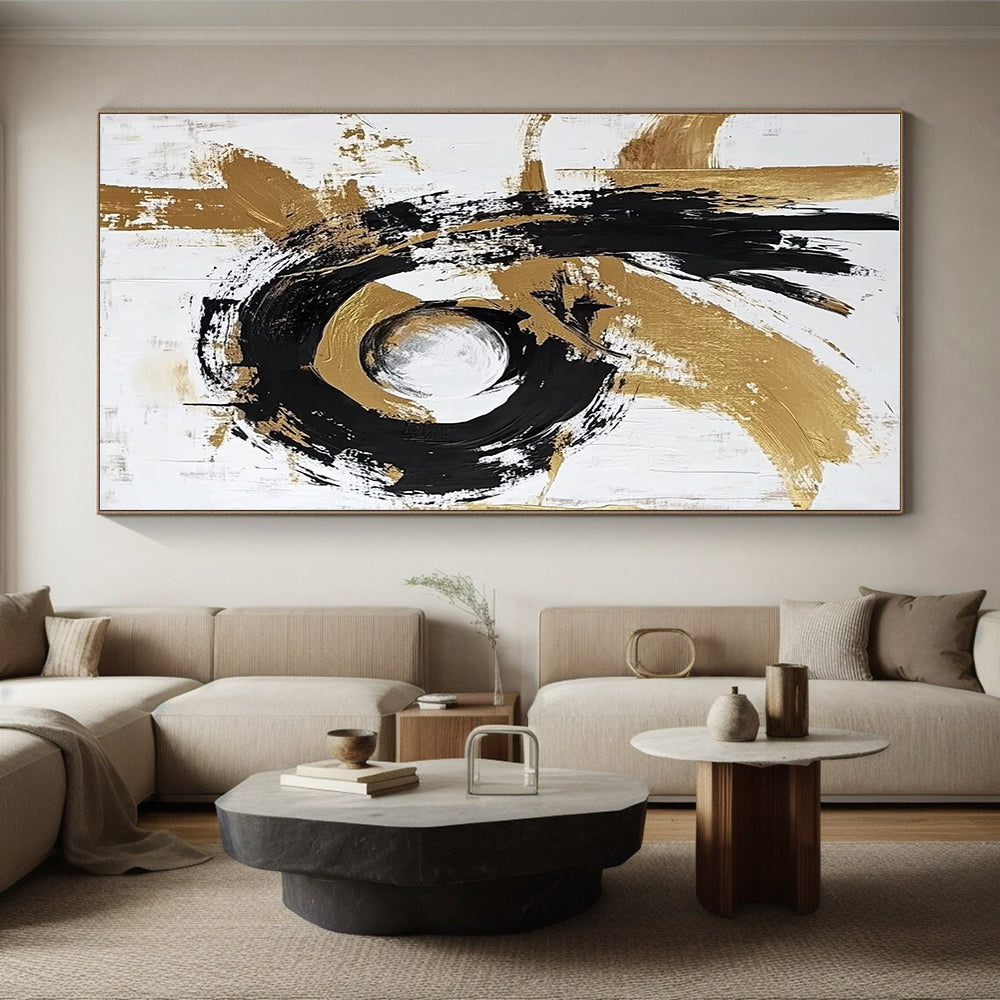 Gold and Black Abstract Painting with Circular Motifs GER655