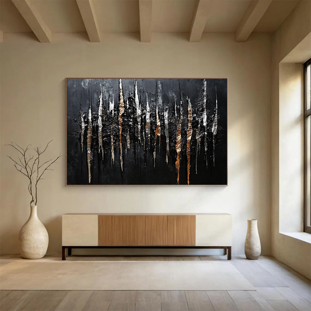Large abstract painting featuring shiny metallic streaks of silver and bronze on a black background creating intricate organic patterns.SC019