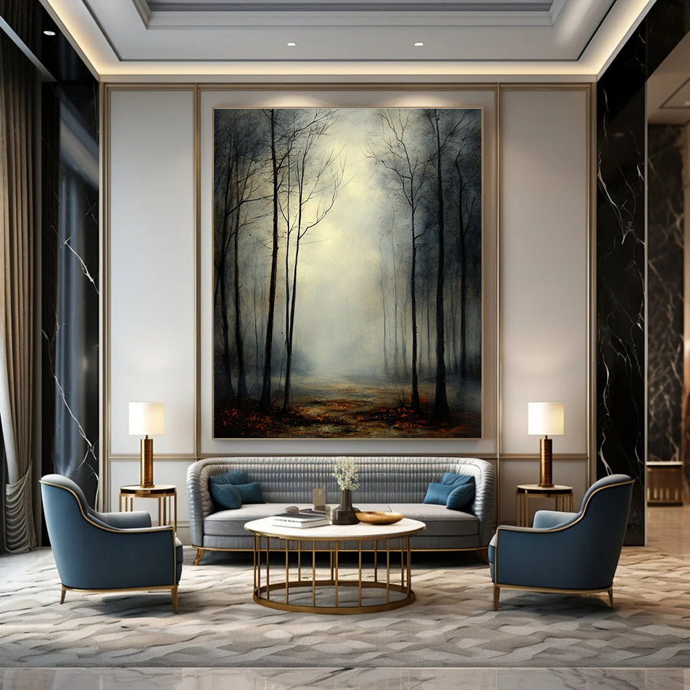 Abstract painting of a misty forest at twilight with eerie silhouettes of leafless trees under an overcast sky evoking dread and contemplation.STSC1099