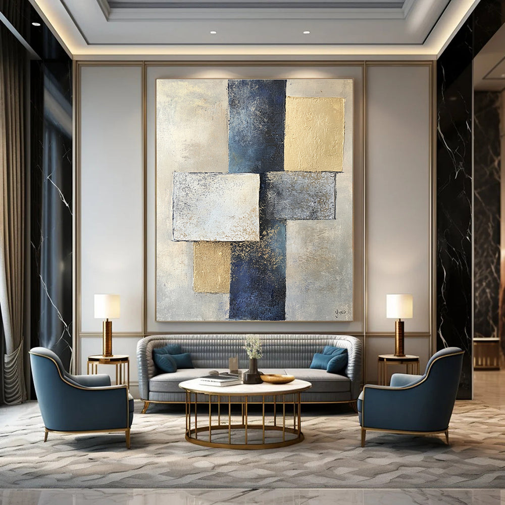 Abstract painting featuring two squares and one rectangle in varying shades of gray on textured paper with a beige and blue color palette.STSC715