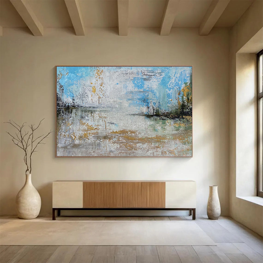 Lake View Abstract Painting with Blue Gray and Gold Reflections THY348