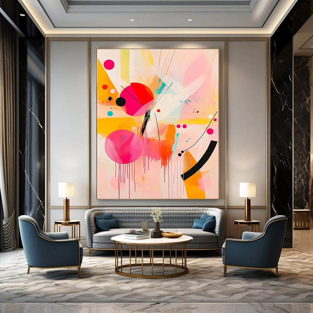 Large abstract painting featuring pink and yellow shapes with black lines and bright orange geometric forms creating a joyful playful composition.STSC790