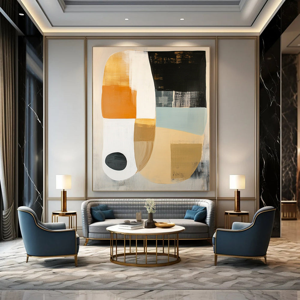 Large abstract painting featuring white beige and black shapes on soft gray with orange circle and light blue oval accents.STSC762