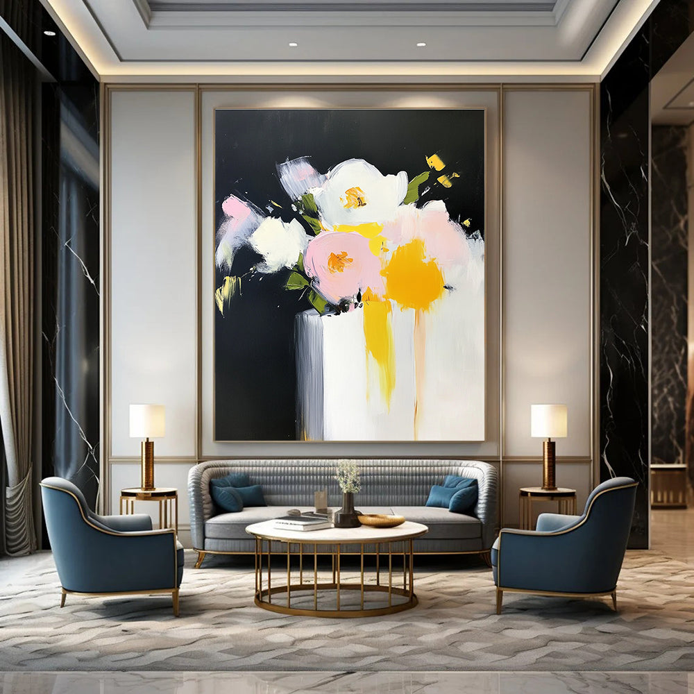 Large abstract oil painting of flowers in a vase with bold strokes in yellow and pink against a white background.STSC183