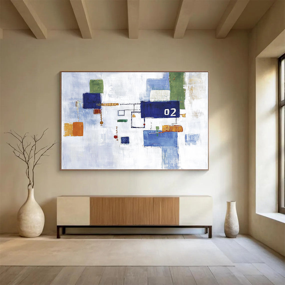 Large abstract painting featuring a white sky and blue and green cityscape with simple shapes and the number 02 at the center.SC182